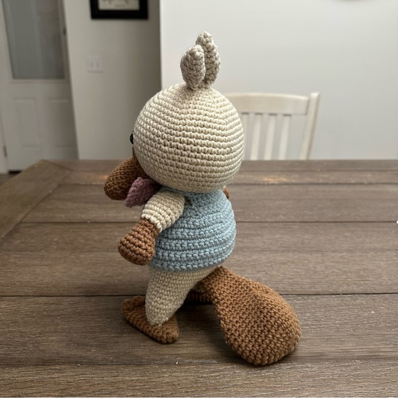 Hand Crocheted Amigurumi Dakota the Platypus in Blue Sweater Vest & Pink Bow tie - Picture 4 of 5